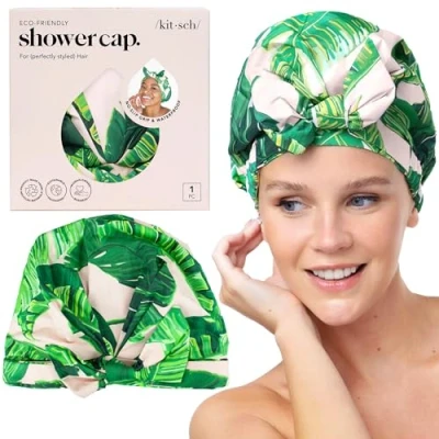 Abbildung von Kitsch Luxuriöse wasserdichte Duschhaube für Damen wiederverwendbare langes Haar rutschfeste Einheitsgröße