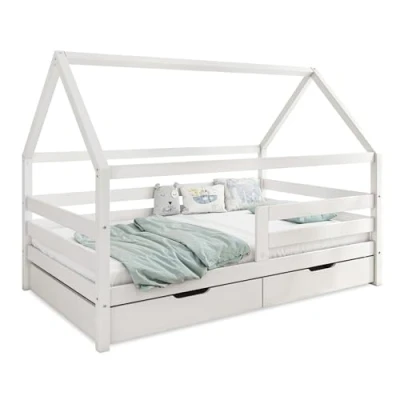 Abbildung von Ehrenkind Hausbett Kiefer K3 Natur und weiß 200x120cm &amp; 200x90cm (mit Rausfallschutz in weiß), 90x200 cm