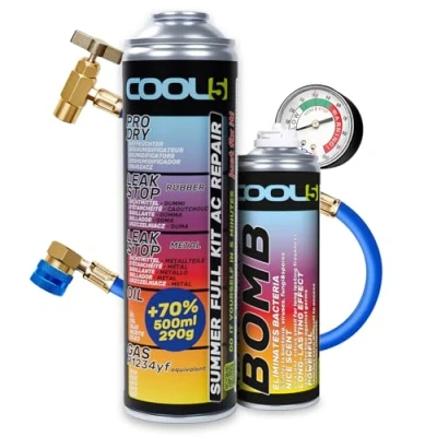 Abbildung von COOL5 Ersatzkältemittel R1234yf für Autoklimaanlagen 1 Dose 5in1, 290g + Druckleitung mit Manometer Gasersatz Lufterfrischer Auto APC 500 ml