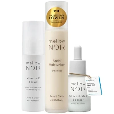 Abbildung von mellow NOIR Gesichtspflege Set Concentrated Booster, Facial Moisturiser &amp; Vitamin C Serum Hyaluronserum, Tagescreme und zertifizierte Naturkosmetik Anti Aging Vegan