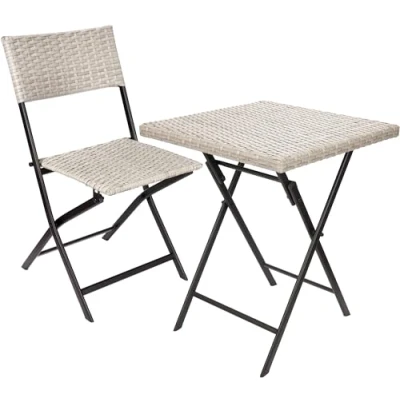 Abbildung von BRUBAKER Balkonset Lugano mit Tisch und 1 Stuhl Wetterfest klappbar platzsparend Polyrattan Balkonmöbel Set Sitzgruppe für Balkon Terrasse Bistroset Klappstuhl Grau/Beige