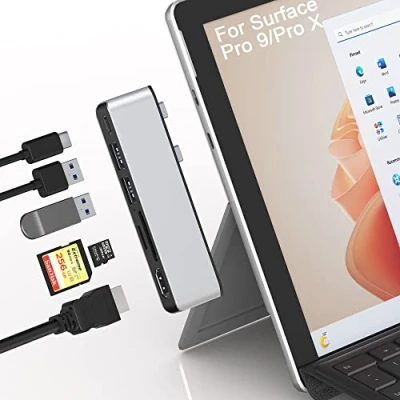 Abbildung von Surface Pro 9 Hub Dockingstation mit 4K HDMI,USB C Thunerbolt 4(Video+Daten+100W Laden),2X USB3.0,SD+TF Kartensteckplatz,Dreifachanzeige(Surface Pro9+HDMI+USB C) für Microsoft Pro9/ProX