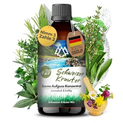 Abbildung von NORDHOLZ® Saunaaufguss [54 Sorten 15ml, 100ml, 250ml] Sauna Aufgussmittel für intensive &amp; erholsame Zubehör (#20 Schweizer Kräuter, 250ml)