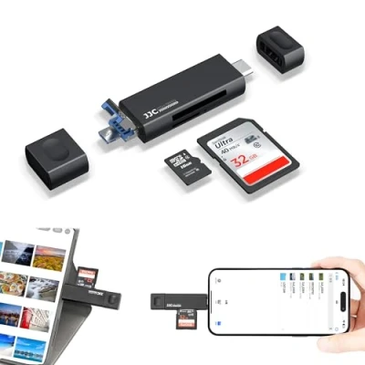 Abbildung von JJC Metall USB 3.0 SD Kartenleser für iPhone 16 15 Pro Max Plus/i Pad Air/MacBook, 3 in 1 C Micro 2.0 Externer Speicherkartenleser SDHC SDXC TF UHS I (Schwarz)
