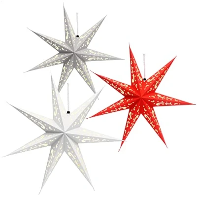 Abbildung von com four® 3X Leuchtstern in 3D mit LEDs Weihnachtsstern LED Beleuchtung und Timer Premium Papierstern zum Aufhängen