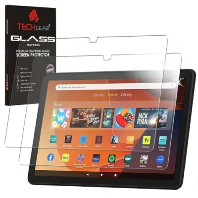 Abbildung von TECHGEAR Displayschutzfolie aus gehärtetem Glas für alle Amazon Fire HD 10 Zoll / Kids Tablets (2023/13. Generation, 9H Härte, Klarheit, kratzfest, blasenfrei, reaktionsschnell), 2 Stück