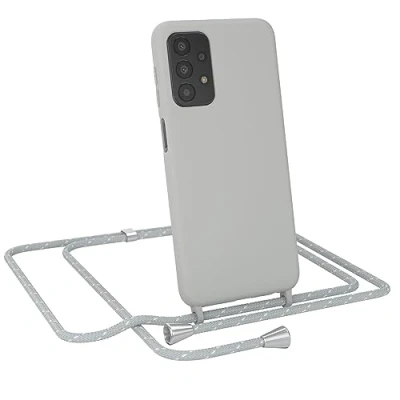 Abbildung von EAZY Case Silikon mit Kette kompatibel Samsung Galaxy A23 5G Stoßfest Handyhülle Band, Stylische Abnehmbar Necklace als Set in Grau Riemen Hellgrau/Weiß Endstücke Silber