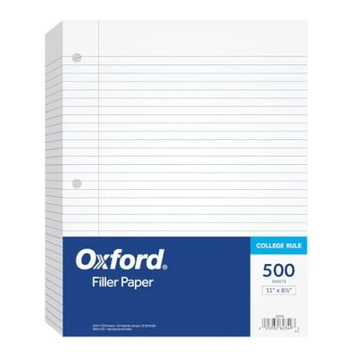 Abbildung von Oxford Füllpapier, 21,4 x 27,9 cm, College Lineal, 3 fach gelocht, lose Blätter für Ringbücher, 500 Blatt pro Packung (62349), weiß