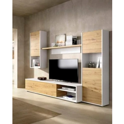 Abbildung von Dmora Wohnwand Foraker, Wohnzimmer Set, TV Schrank, Mehrzweck Wohnzimmermöbel, 220 x 41 180 cm, Eiche Nodien, Spanplatten veredelt, Eichenknoten, Weiß