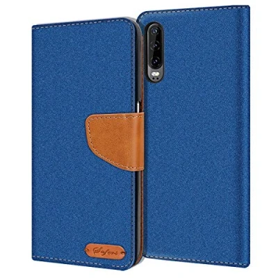 Abbildung von Verco kompatibel mit Huawei P30 Hülle, Schutzhülle für Tasche Denim Textil Book Case Flip Klapphülle, Blau