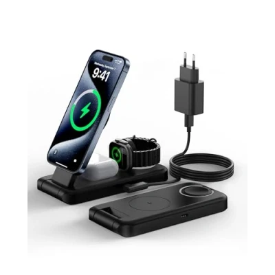 Abbildung von 3 in 1 Faltbar Mag Safe Ladegerät, Induktive Ladestation für iPhone 15 14 13 12 11 pro Max Plus und Apple Watch 9/8/7/6/5/4/3/2/SE, AirPods 2 Travel Kabelloses Wireless Charger mit Adapter