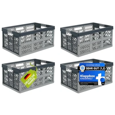 Abbildung von KiNDERWELT 4 x Stabile Profi Klappboxen mit Soft Touch Griffen, 54 37 28 cm, 45 l, Ben, Hellgrau