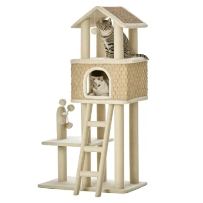 Abbildung von PawHut Kratzbaum Kletterbaum mit Katzenhöhle Spielbälle Spanplatte Plüsch Khaki+Beige, 69L x 40B 131H cm