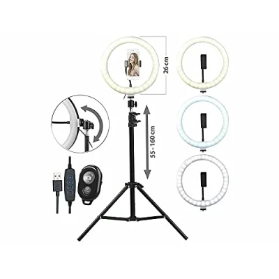 Abbildung von Somikon Handy Stativ mit Licht: LED Ringlicht, Halter, Stativ, Fernauslöser, Ø 10&quot; / 25 cm (Lichtring Handy, Lichtring Handyständer)