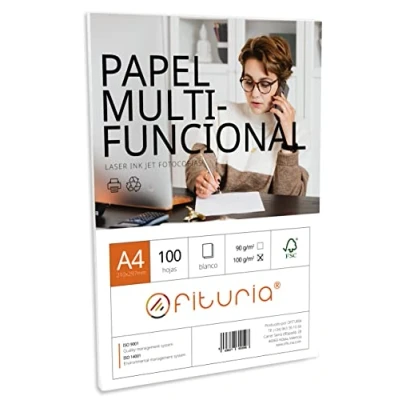 Abbildung von Paket von A4 Blättern mit 100 weißen Blättern, multifunktionales Papier für den Schulgebrauch und Arbeitsumgebungen. Ideal Laserdrucker, Tintenstrahldrucker oder Kopierer Ofituria (100 g/m2)