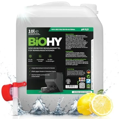 Abbildung von BIOHY Wischroboter Reinigungsmittel für Reinigungsstationen mit Frischeduft (10 Liter Kanister) + Auslaufhahn Verlängert die Lebensdauer der Absaugstation Schaumarmes Bodenreiniger Konzentrat