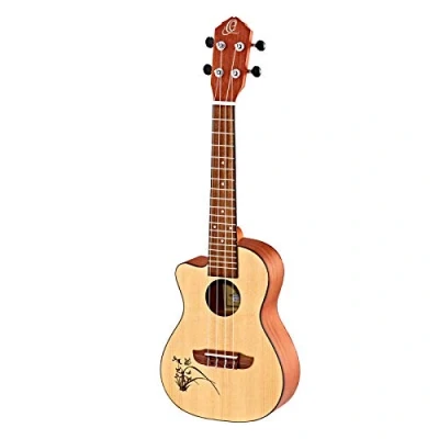 Abbildung von Ortega Guitars Konzert Ukulele Linkshänder Bonfire Series elektro akustisch Fichtendecke mit lasergaviertem Motiv (RU5CE L)