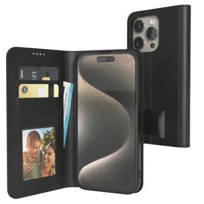 Abbildung von EAZY Case Klapphülle für iPhone 15 Pro Hülle klappbar Kameraschutz Schutzhülle magnetisch Flip Ständer Kunstleder Klapptasche mit Kartenfach Sichtfenster Foto Premium Handyhülle Schwarz