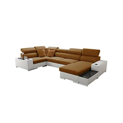 Abbildung von All4All Ecksofa mit Schlaffunktion Porte 358 cm x 205 Wohnlandschaft U Form Schlafsofa Bettkasten XXL Sofa Groß Gewebe Kunstleder Gelb/Weiß Linke Seite 26