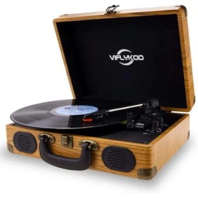 Abbildung von VIFLYKOO Vinyl Plattenspieler mit digitalem Encoder, Bluetooth, integrierten Stereo Lautsprechern DREI Geschwindigkeitsstufen, 33/45/78 U/min und AUX Eingang/Ausgang Naturholz