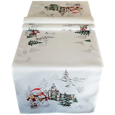 Abbildung von matches21 Tischläufer Robina Schneemänner Hund Winter Druck Heimtextilien Mitteldecke bunt Poly 1 STK 40x140 cm