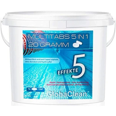 Abbildung von GlobaClean Multitabs 5 in 1 20g 5kg Chlortabletten für Pool mit Phasen zur Pflege, Reinigung &amp; Desinfektion Mini kristallklares und hygienisches Poolwasser