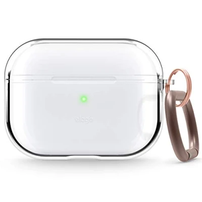 Abbildung von elago Clear Case Durchsichtige Hülle mit Karabiner Kompatibel Apple AirPods Pro Hochwertiger TPU, Verhindert Gelb zu Werden, Schmierfrei [Passform Getestet] (Transparent)