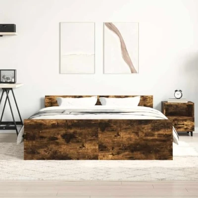 Abbildung von vidaXL Bettgestell, Bettrahmen mit Lattenrost, Bett Gästebett Kopfteil Fußteil, Metallbett Doppelbett Schlafzimmerbett, Räuchereiche 140x200cm