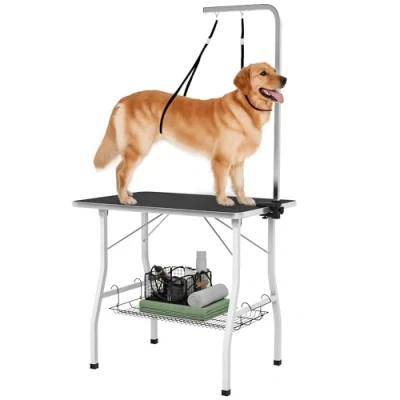 Abbildung von PawHut Hundeschermaschine höhenverstellbar, klappbar, mit Netzkorb, Schlingen, Hundepflegetisch, für Haartrocken, Haarschneiden, bis 40kg belastbar Schwarz+Weiß