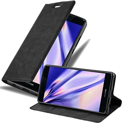 Abbildung von Cadorabo Hülle kompatibel mit Huawei P9 Plus aus Premium Kunst Leder Flip Klappbare Stoßfeste Magnetische [Standfunktion] [Kartenfächern] Cover für Tasche in Schwarz