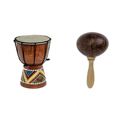 Abbildung von 20cm Kinder Djembe Trommel Bongo Drum Deko Bunt Bemalt + Kokos Rassel Maraca R2