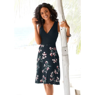 Abbildung von Beachtime Strandkleid, mit bedrucktem Rockteil, Sommerkleid in Wickeloptik, Jerseykleid