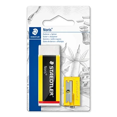 Abbildung von STAEDTLER Radiergummi und Spitzer Set Noris, geringe Krümelbildung, phthalat latexfrei, für normale Stifte bis 8,2 mm Ø, Radierer auf Blisterkarte, 526 N S1BK