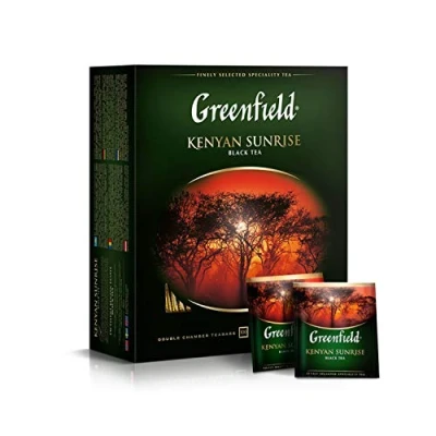 Abbildung von GREENFIELD KENYAN SUNRISE Schwarztee Hochwertiger Schwarzer Tee 100 Frühstücksteebeutel tea bags Kenia Frühstück Koscher Gluten frei Doppelkammerbeutel im Einzelkuvert