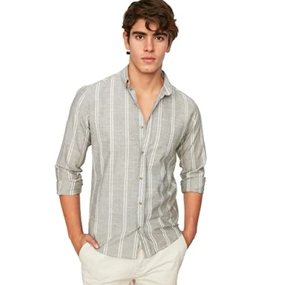 Abbildung von Trendyol MAN Herren Men&#039;s Slim Fit Button Collar Thin Striped Shirt, Khaki, S EU