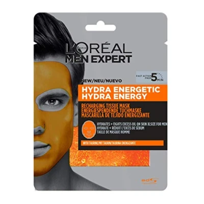 Abbildung von L&#039;Oréal Men Expert Hydra Energy feuchtigkeitsspendende Tuchmaske, für Männer, belebt, pflegt und reinigt wirkt porenminimierend (4 x 30 g)