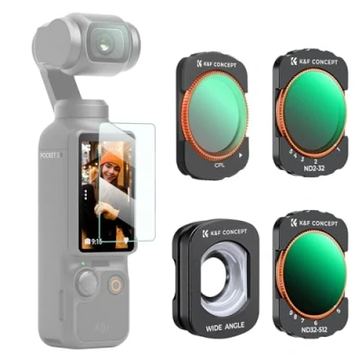Abbildung von K&amp;F Concept Variable ND&amp;CPL&amp;Weitwinkelobjektiv kompatibel mit DJI Osmo Pocket 3 Creator Combo, Neutral Density ND2 32 ND32 512 Polarizing Wide Angle Lens 4Pack Kit, Multi Coated HD Optical Glass