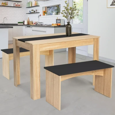Abbildung von IDMarket Set Esstisch und 2 Bänke ROZY 4 Personen Buche Schwarz 110 cm