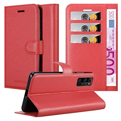 Abbildung von Cadorabo Hülle kompatibel mit Honor 30 PRO Handyhülle aus Premium Kunst Leder Flip Klappbare Stoßfeste Magnetische [Standfunktion] [Kartenfächern] Cover für Tasche in Rot