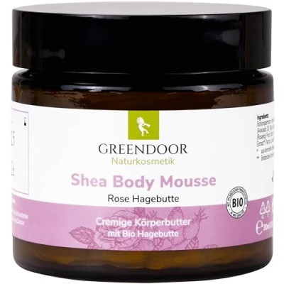 Abbildung von GREENDOOR vegane Körperbutter Bodymousse Rose Hagebutte 200ml im Glastiegel, Body Butter mit BIO Sheabutter &amp; Hagebutte, rein natürliche Natur Haut Pflege Creme, Naturkosmetik