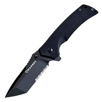 Abbildung von HARNDS Tragbares Klappmesser mit G10 Griff, D2 Edelstahl Mehrzweckmesser Wellenschliff für Jagd, Camping, Survival (CK7206 Titanium Schwarz)