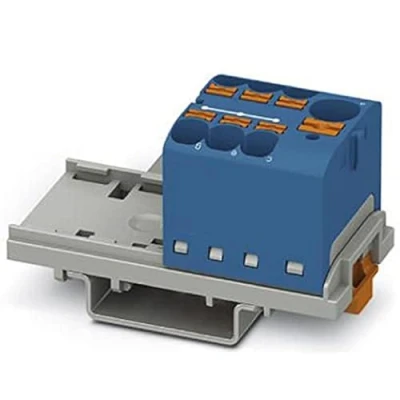 Abbildung von PHOENIX CONTACT PTFIX 10/6X4 NS35 BU Verteilerblock, 800 V, 63 A, Anzahl der Anschlüsse 7, Querschnitt 0,2 mm² 6 mm², AWG 24 10, Breite 28,6 mm, Blau, 1 Stück