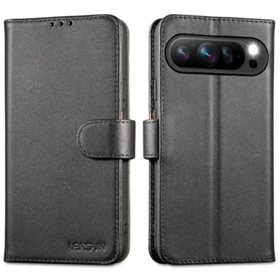 Abbildung von LENSUN Echtleder Hülle für Google Pixel 9, 9 Pro Handyhülle [Echtes Leder][Magnetverschluss][RFID] Handytasche Lederhülle 9/9Pro 5G Schwarz