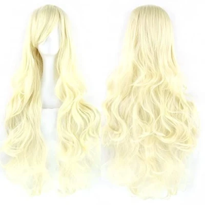 Abbildung von IMISSU 80cm langes lockiges Naturhaar Cosplay Perücke mit Pony Buntes Halloween Kostüm Party Perücken für Frauen (Blond)