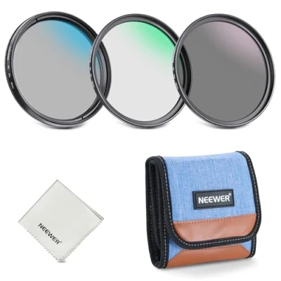 Abbildung von NEEWER 58mm UV/CPL/ND Objektiv Filter Set, UV Schutz + Zirkular Polfilter Graufilter (ND8) Kameraobjektiv Filterset mit mehrfach beschichtetem optischem Glas, schlankem Rahmen und Aufbewahrungsbox