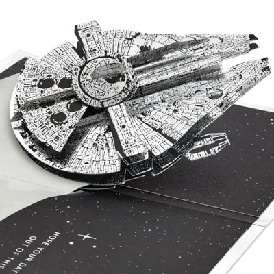 Abbildung von Hallmark Star Wars Millennium Falke 3D Pop Up Karte für jeden Anlass Geburtstag Vatertag Han Solo Weltraum Thema Silber
