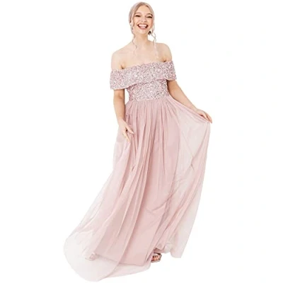 Abbildung von Maya Deluxe Damen Frosted Pink Bardot Embellished Maxi Bridesmaid Dress, Pink, 48 Große Größen EU