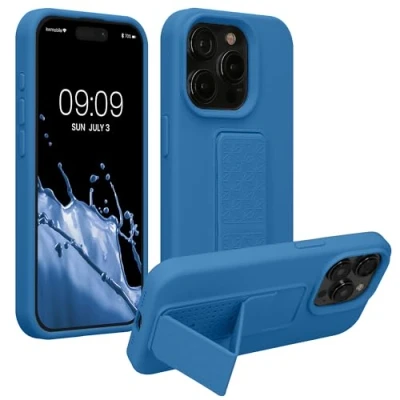 Abbildung von kwmobile Handyhülle kompatibel mit iPhone 15 Pro Hülle Fingerhalter und Standfunktion Silikon Case Handy Cover in Karibikblau