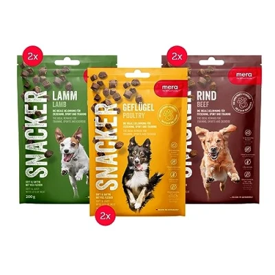Abbildung von MERA Snacker Mix Pack ohne Getreide (6 x 200g), herzhaft softe Hundeleckerli für Training oder als Snack, mit Geflügel, Lamm und Rind