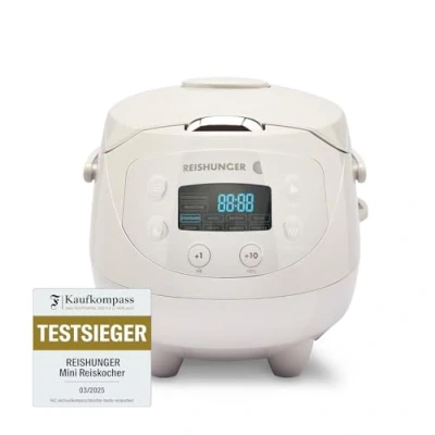 Abbildung von Reishunger Reiskocher Digitaler Mini Reiskocher, 350 W, Dämpfeinsatz, Messbecher, Reislöffel, Timer und Warmhaltefunktion